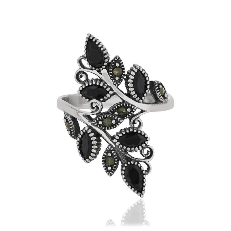 Bague argent 925 feuilles marcassites et zirconias noirs - vue 3