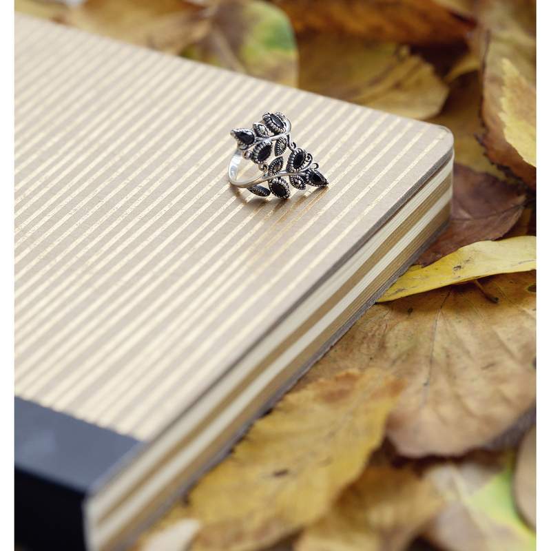 Bague argent 925 feuilles marcassites et zirconias noirs - vue D3