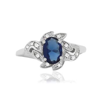 925 sterling silver ring with oval blue zirconia flower and white zirconias