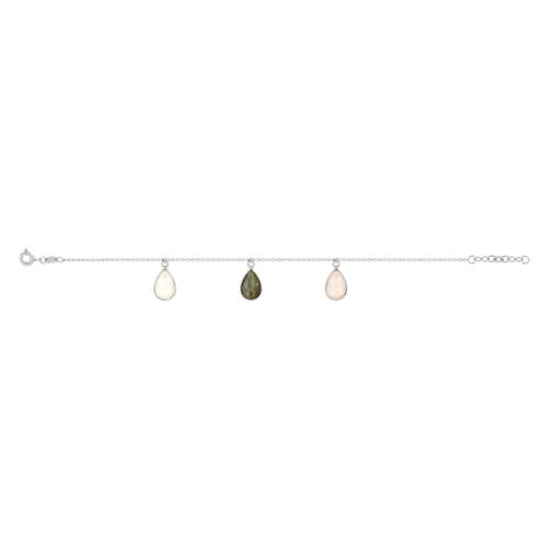 Bracelet argent 925 pierre de lune labradorite et quartz taille poire 18 cm