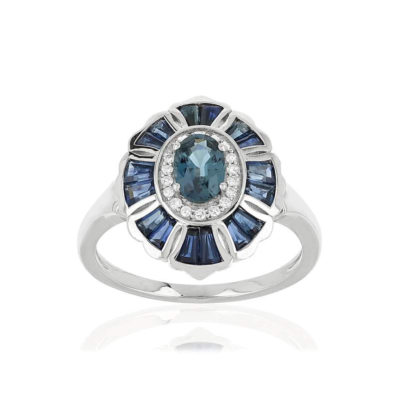Bague or blanc 750 saphirs diamants - vue 1
