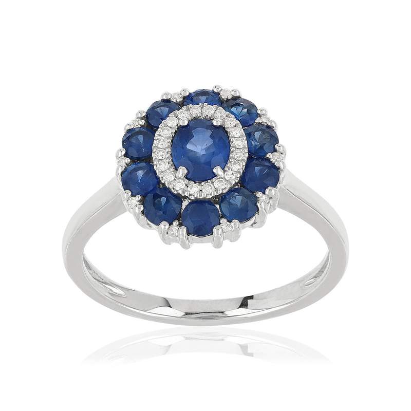 Bague or blanc 750 saphirs diamants - vue 1