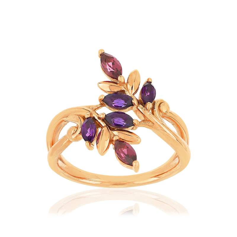 Bague or 375 rose feuillage grenats rhodolites et améthystes - vue 1