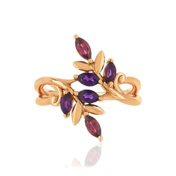 Bague or 375 rose feuillage grenats rhodolites et améthystes