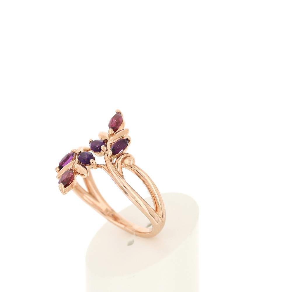 Bague or 375 rose feuillage grenats rhodolites et améthystes - vue 4