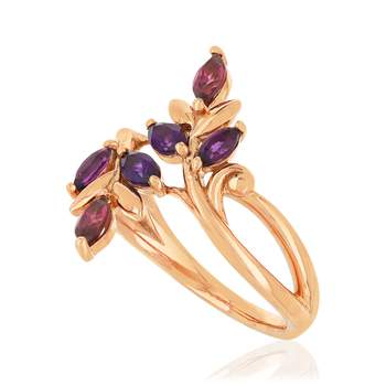 Bague or 375 rose feuillage grenats rhodolites et améthystes