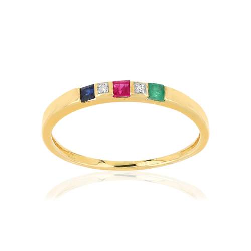 Bague or 750 jaune pierres précieuses carrées et diamants