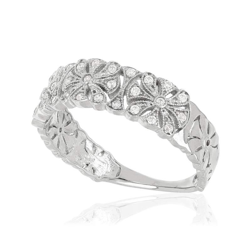 Bague argent 925 fleurs zirconias - vue D1