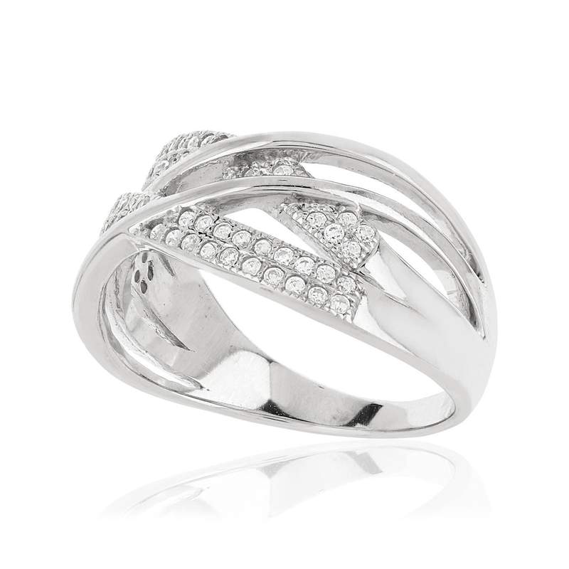 Bague argent 925 anneaux entrelacés zirconias - vue D1