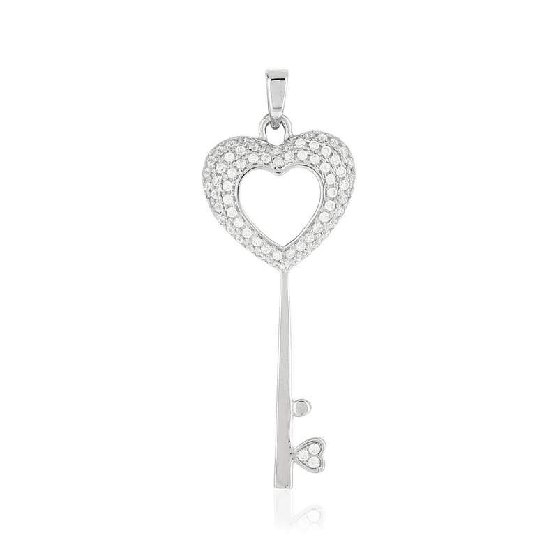 Pendentif argent 925 clé coeur zirconias - vue 1