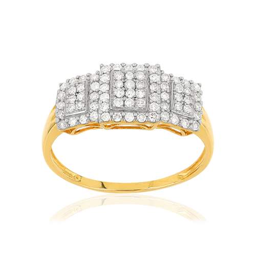 Gold ring 375 2 tone rectangles diamonds