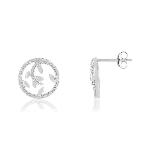 Boucles d'oreilles or 375 blanc cercles feuilles diamants
