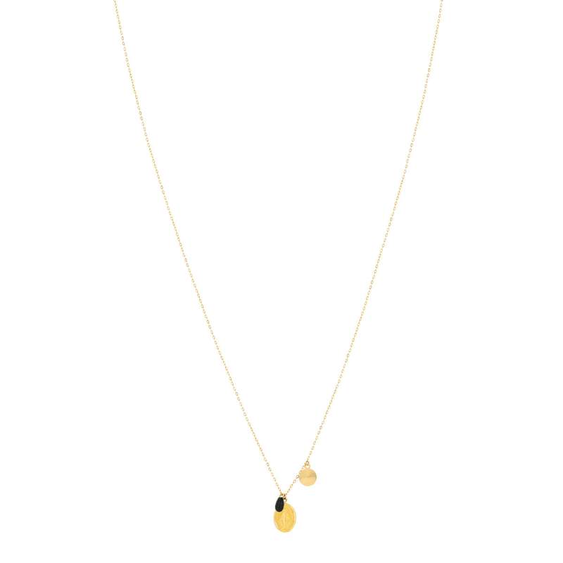 Collier or 750 jaune médaille vierge miraculeuse pampilles disque diamanté et onyx 42 cm - vue 1