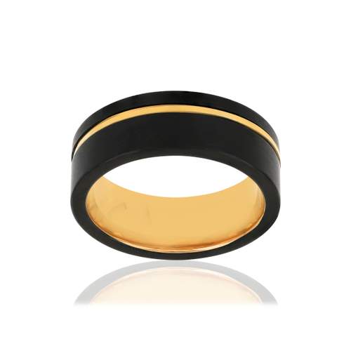 Bague tungstène or jaune 375 noire liseret haut