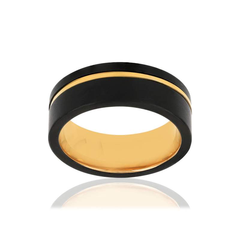 Bague tungstène or jaune 375 noire liseret haut - vue 1