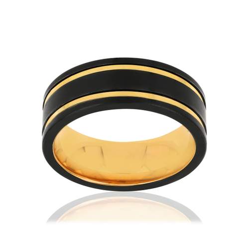 Bague tungstène et or 375 jaune noire double liseret