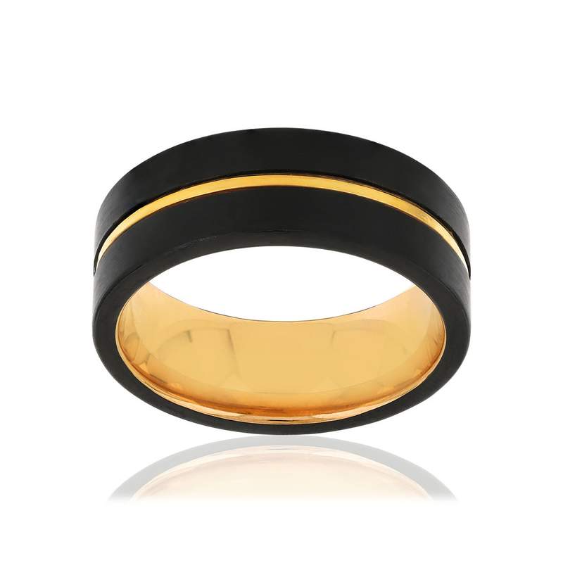 Bague tungstène et or 375 jaune noire liseret central - vue 1