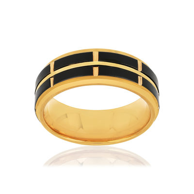 Bague tungstène et or 375 jaune noire quadrillée - vue 1