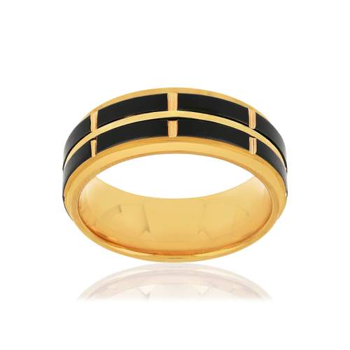 Bague tungstène et or 375 jaune noire quadrillée