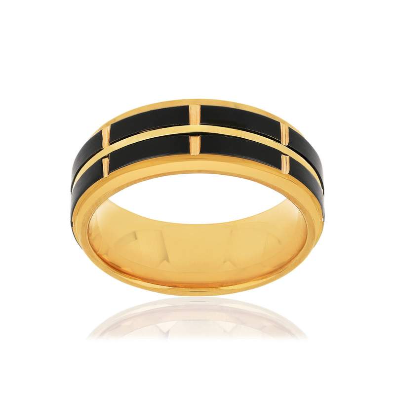 Bague tungstène et or 375 jaune noire quadrillée - vue 1