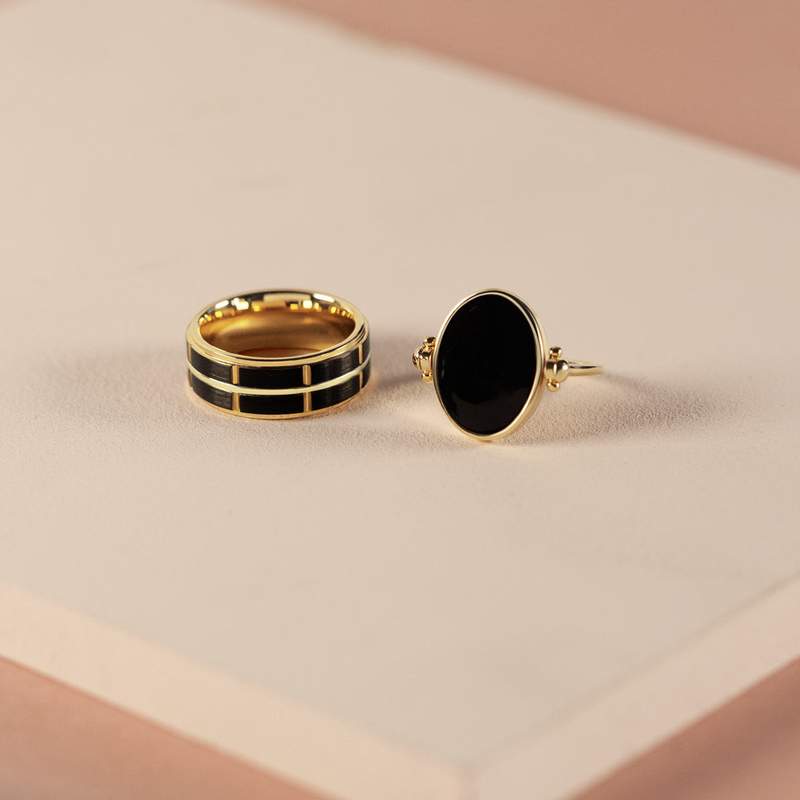 Bague tungstène et or 375 jaune noire quadrillée - vue D3