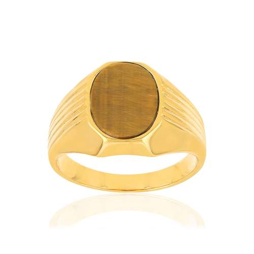 Bague or 375 jaune ovale oeil de tigre marron