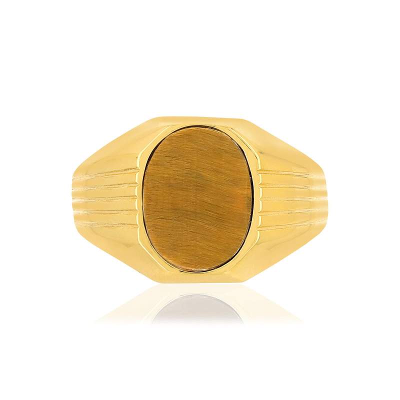 Bague or 375 jaune ovale oeil de tigre marron - vue 3