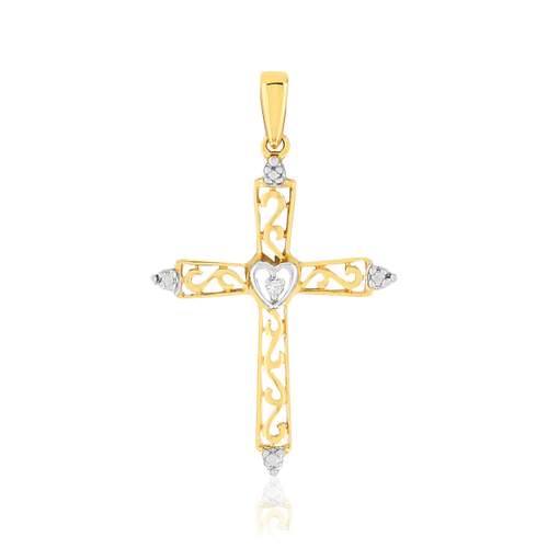 Pendentif croix or 375 2 tons diamant