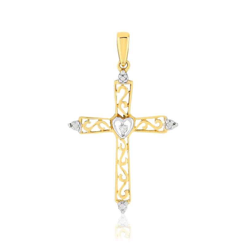 Pendentif croix or 375 2 tons diamant - vue 1