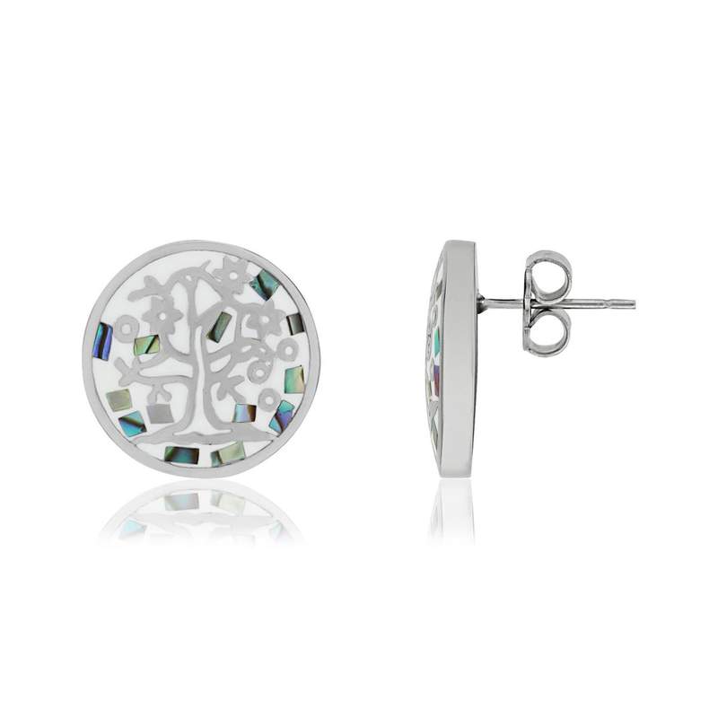 Boucles d'oreilles acier émail et nacre disques arbres de vie - vue 1