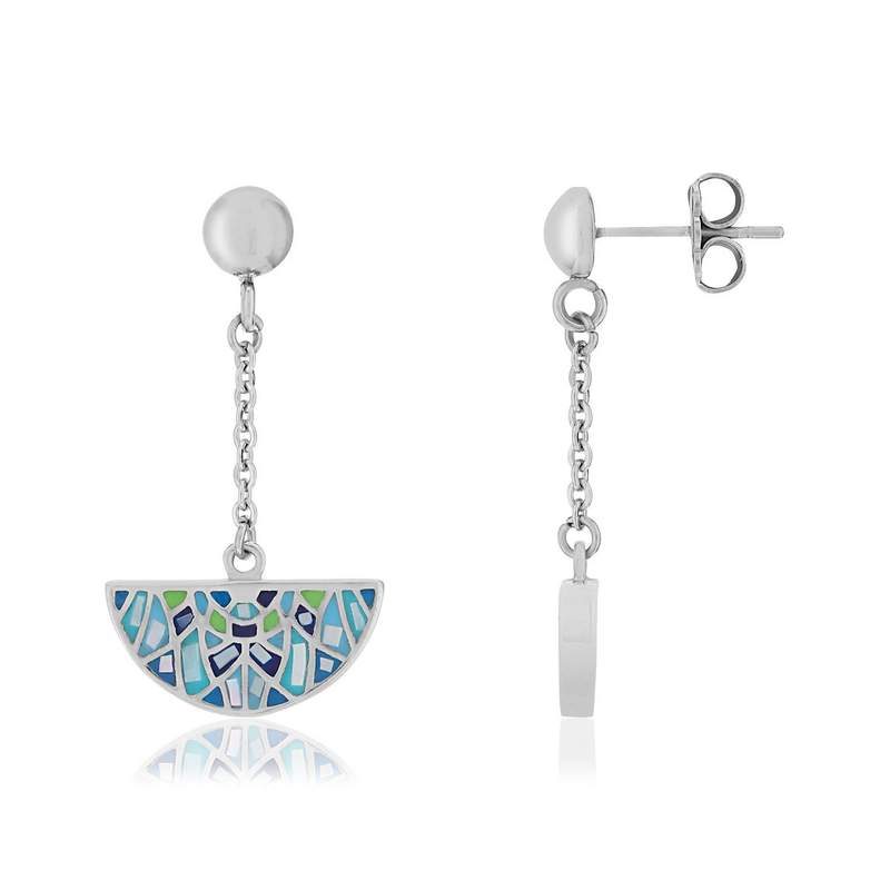 Boucles d'oreilles pendants acier motif mosaïque émail et nacre irisée - vue 1