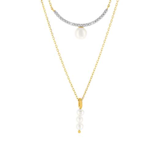 Collier or 375 2 tons double rang perles de culture de Chine et diamants 45 cm