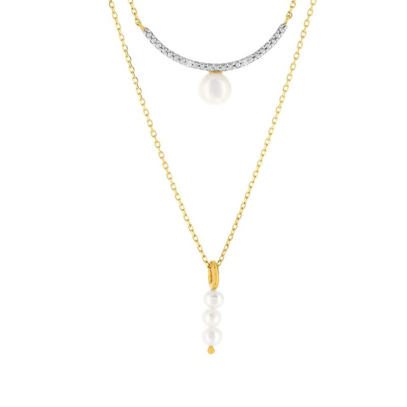 Collier or 375 2 tons double rang perles de culture de Chine et diamants 45 cm - vue 1