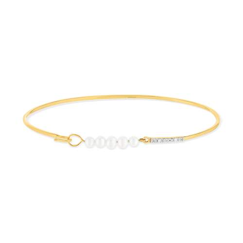 Bracelet jonc or 375 2 tons perles de culture de Chine et diamants