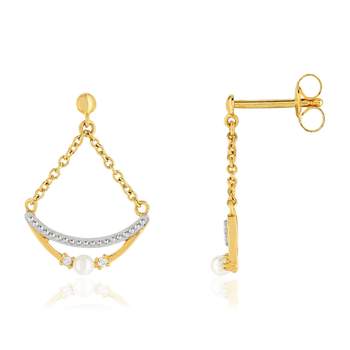 Boucles d'oreilles or 375 2 tons pendants perles de culture de Chine et zirconias
