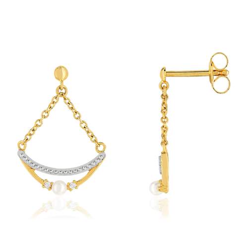 Boucles d'oreilles or 375 2 tons pendants perles de culture de Chine et zirconias