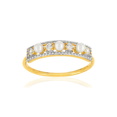Bague or 375 2 tons perles de culture de Chine et zirconias
