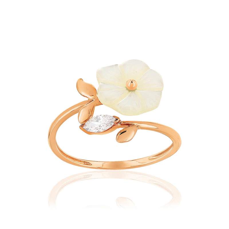 Bague or 375 rose nacre fleur topaze blanche taille marquise - vue 1