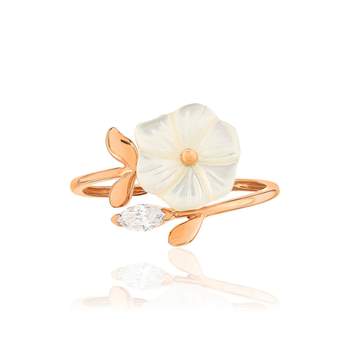 Gold ring 375 rose mother-of-pearl white topaz flower marquise cut