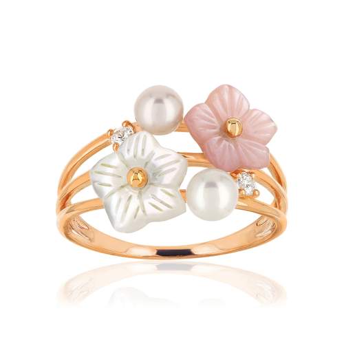 Bague or 375 rose fleurs nacres perles et topazes blanches