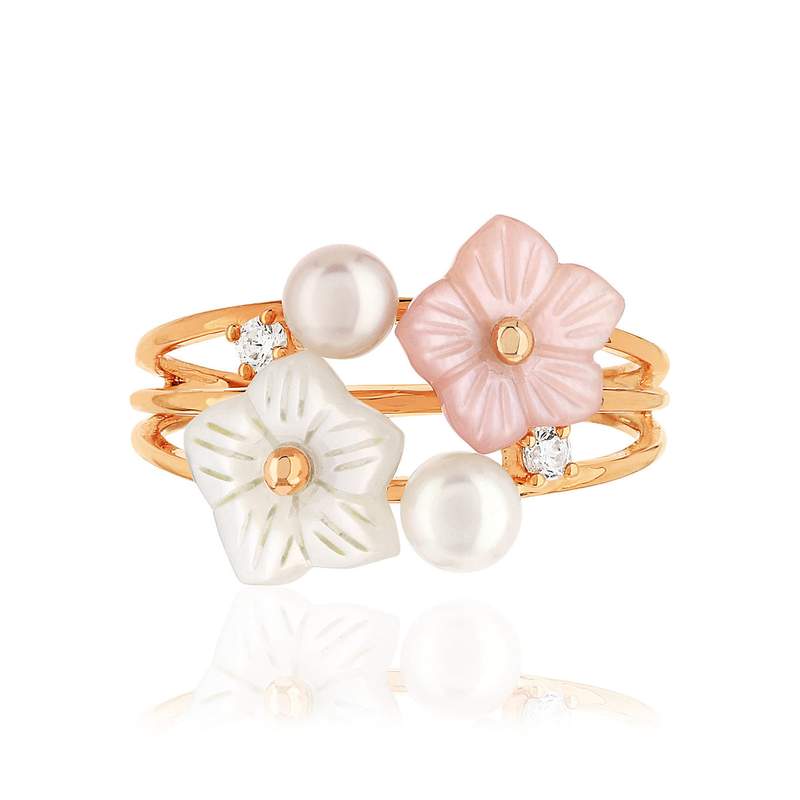 Bague or 375 rose fleurs nacres perles et topazes blanches - vue 3