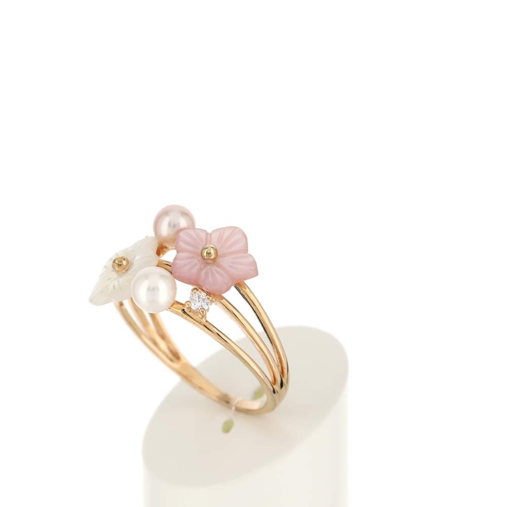 Bague or 375 rose fleurs nacres perles et topazes blanches - vue 4