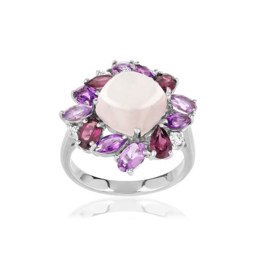 Bague or 750 blanc fleur quartz rose et pierres fines