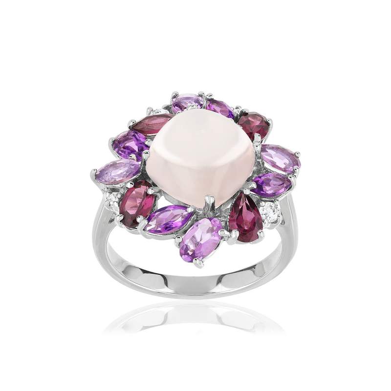 Bague or 750 blanc fleur quartz rose et pierres fines - vue 1