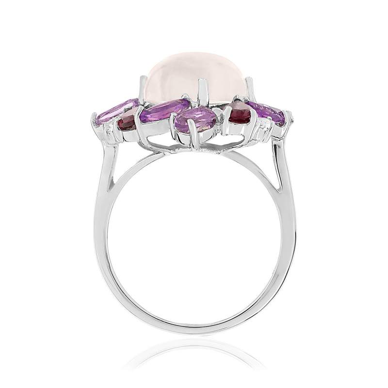 Bague or 750 blanc fleur quartz rose et pierres fines - vue 2
