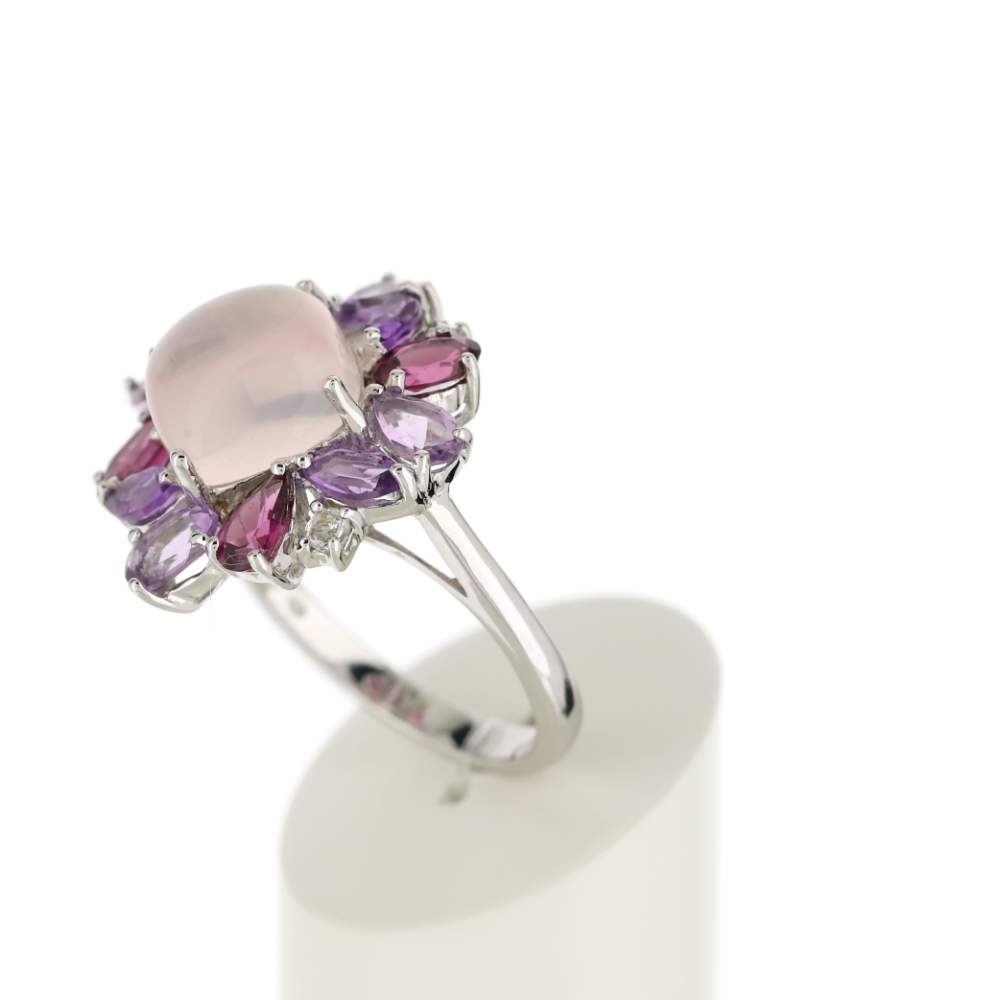 Bague or 750 blanc fleur quartz rose et pierres fines - vue 4