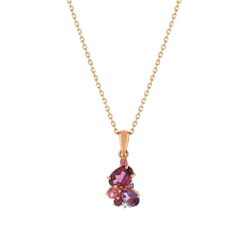 Roze 375-goud ketting met halfedelstenen en diamant, 45 cm - afbeelding 1