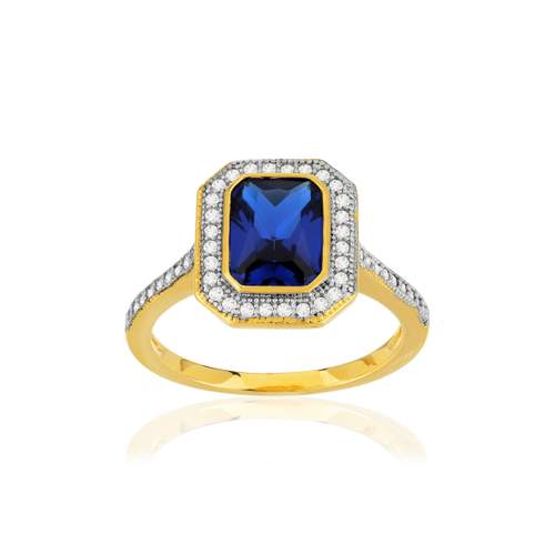 Bague plaqué or rectangulaire pierre imitation bleue et zirconias