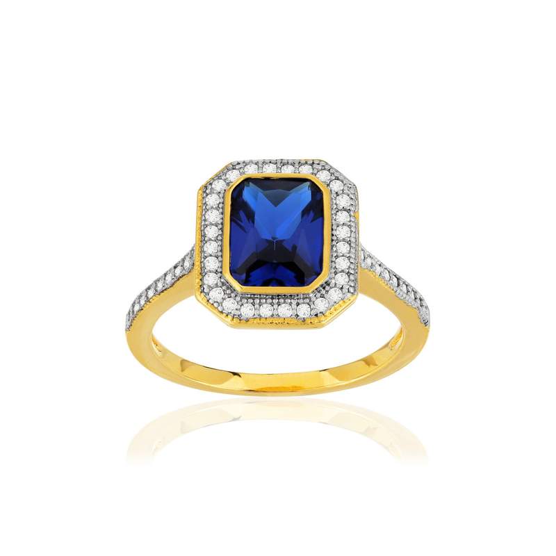 Bague plaqué or rectangulaire pierre imitation bleue et zirconias - vue 1