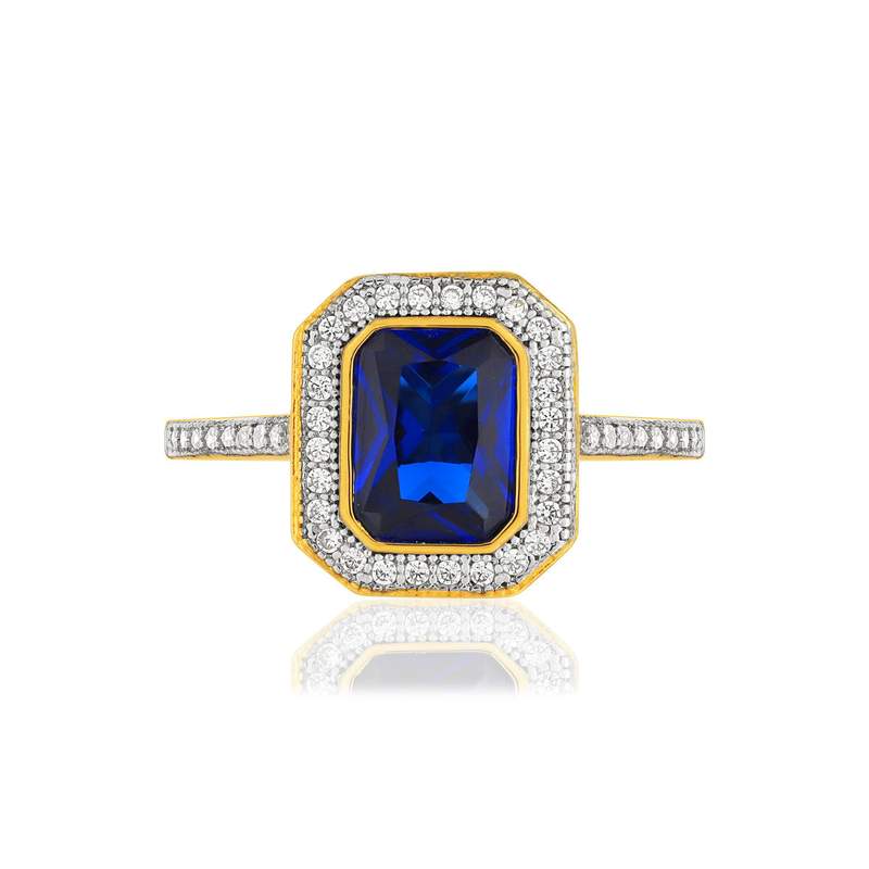 Bague plaqué or rectangulaire pierre imitation bleue et zirconias - vue 3